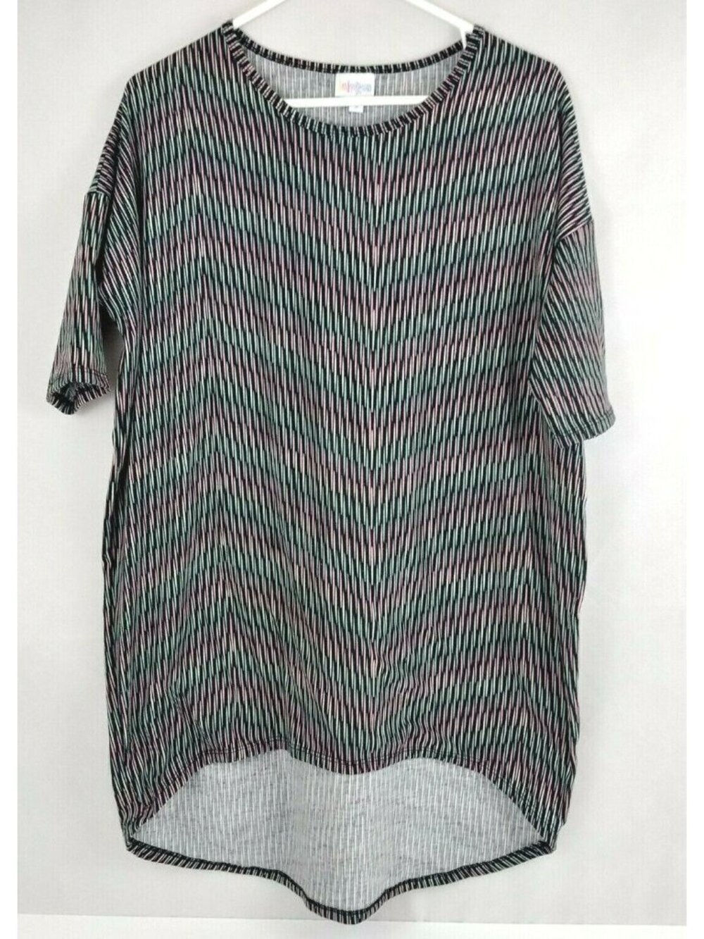 LulaRoe Short Sleeve Oversized Blue, Yellow, & Pink Chevron Shirt Dress Size S